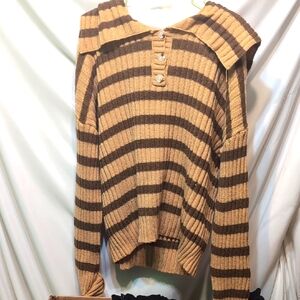 Line And Dot Striped Cowl Neck Sweater in Brown and Tan Size Large